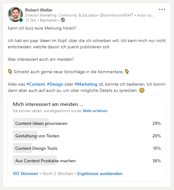 LinkedIn Umfrage zu Content-Ideen