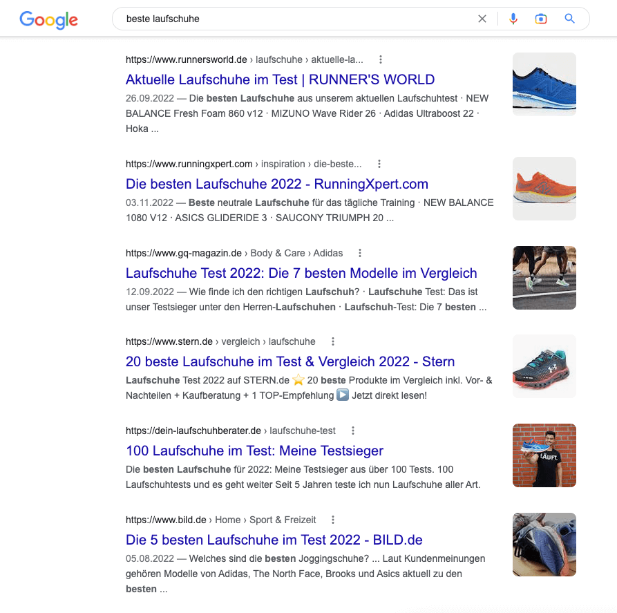 Screenshot: Google SERP zu den besten Laufschuhen