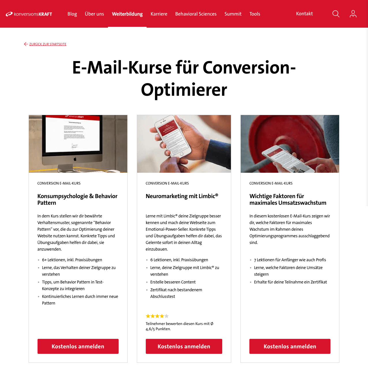 Screenshot: E-Mail-Kurse von konversionsKRAFT